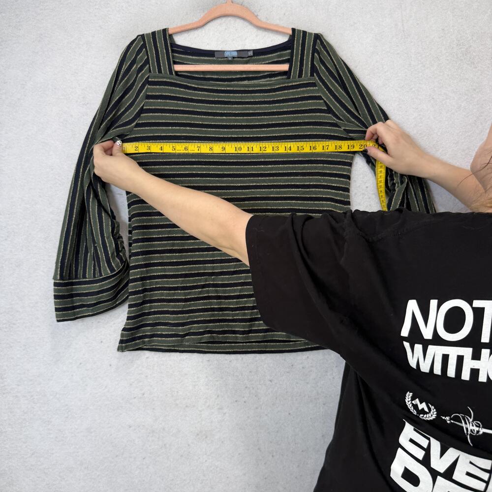 Eva Franco Blouse Womens Medium Green Stripe Square Neck 3/4 Bell Sleeve Knit - Picture 4 of 8